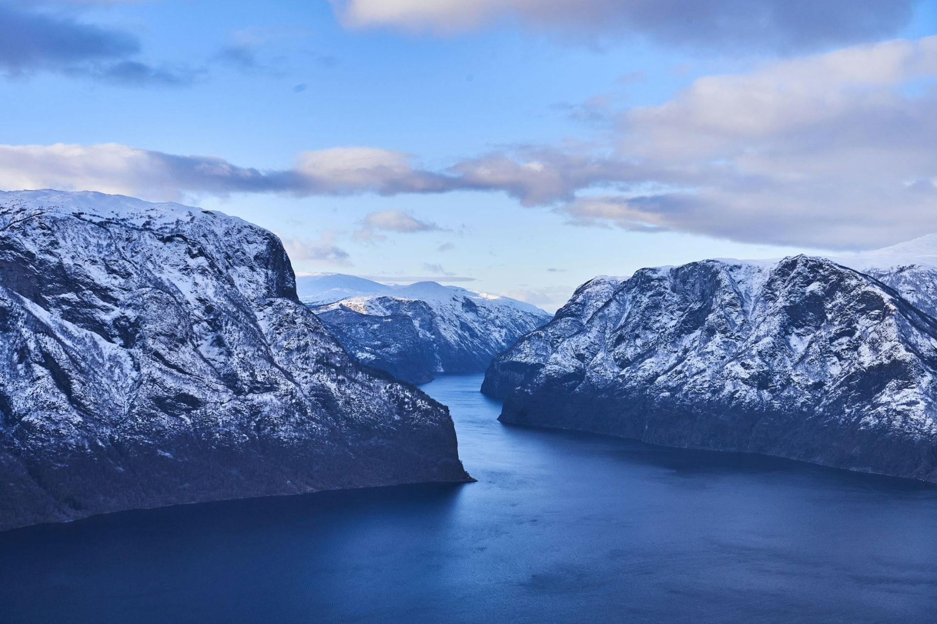 Aurlandsfjord surrounded by steep mountains in western Norway